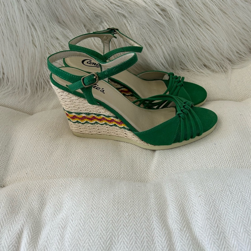 Candie's Green Wedge Espadrille Sandals with Multicolor Detail